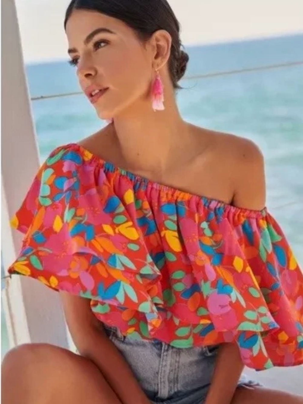 Sugarlips Pink Floral Off-Shoulder Ruffle Crop Top